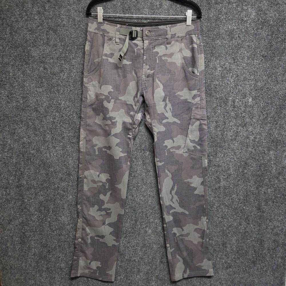 Prana Zion Pants Mens 30x32 Grey Camo Roll Up Cargo Hiking Belted Stretch FLAW